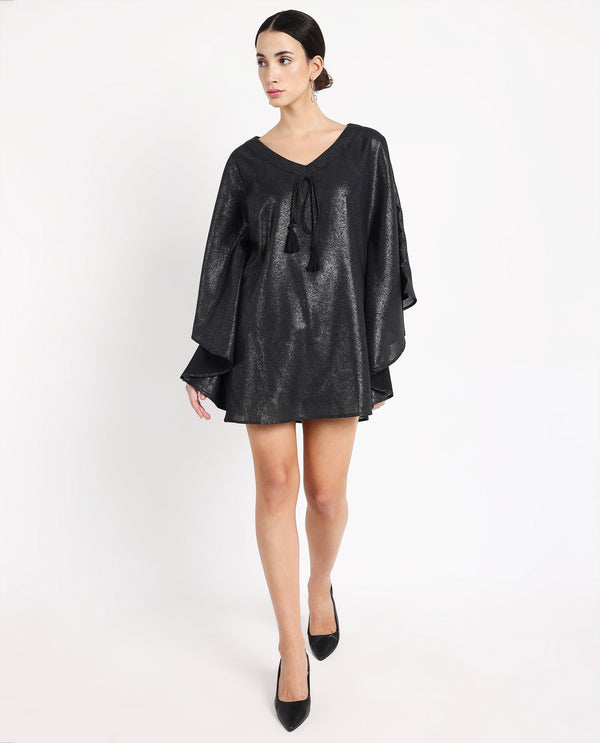 Rareism Women Esmese Black Extended Sleeves V-Neck Relaxed Fit Mini Plain Dress