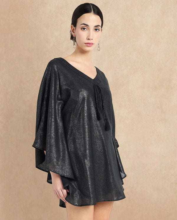 Rareism Women's Esmese Black Polyester Fabric V-Neck  Extended Sleeve Plain Relaxed Fit Mini Dress