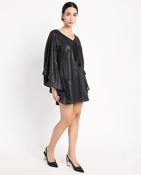 Rareism Women Esmese Black Extended Sleeves V-Neck Relaxed Fit Mini Plain Dress