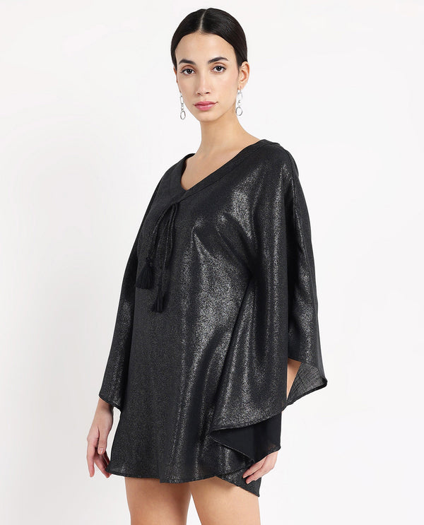 Rareism Women's Esmese Black Polyester Fabric V-Neck  Extended Sleeve Plain Relaxed Fit Mini Dress