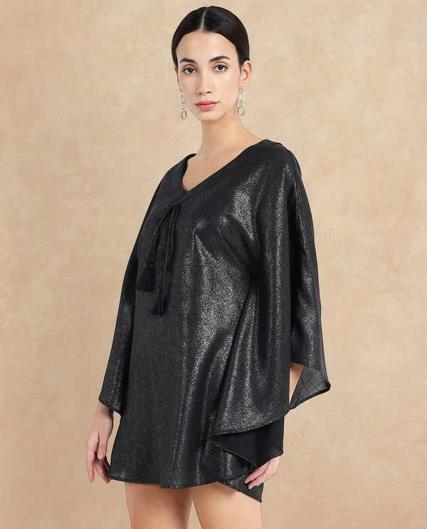 Rareism Women's Esmese Black Polyester Fabric V-Neck  Extended Sleeve Plain Relaxed Fit Mini Dress