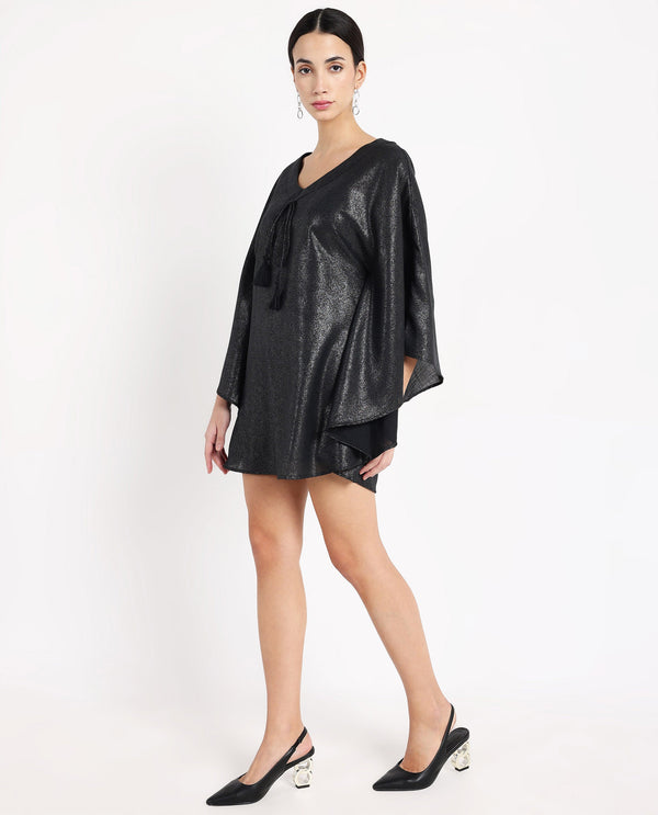 Rareism Women Esmese Black Extended Sleeves V-Neck Relaxed Fit Mini Plain Dress