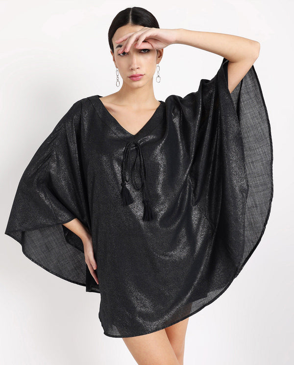 Rareism Women's Esmese Black Polyester Fabric V-Neck  Extended Sleeve Plain Relaxed Fit Mini Dress