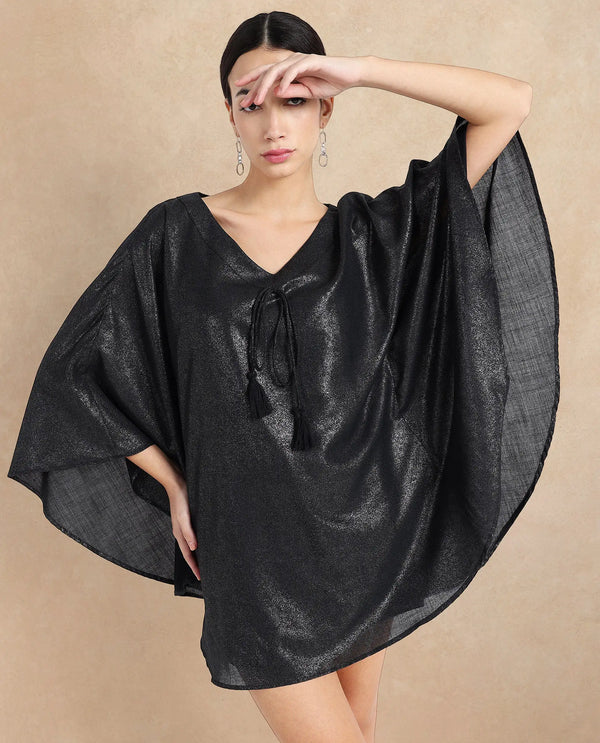 Rareism Women's Esmese Black Polyester Fabric V-Neck  Extended Sleeve Plain Relaxed Fit Mini Dress