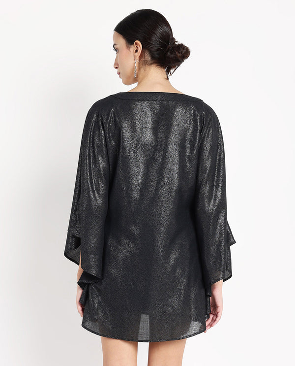 Rareism Women's Esmese Black Polyester Fabric V-Neck  Extended Sleeve Plain Relaxed Fit Mini Dress