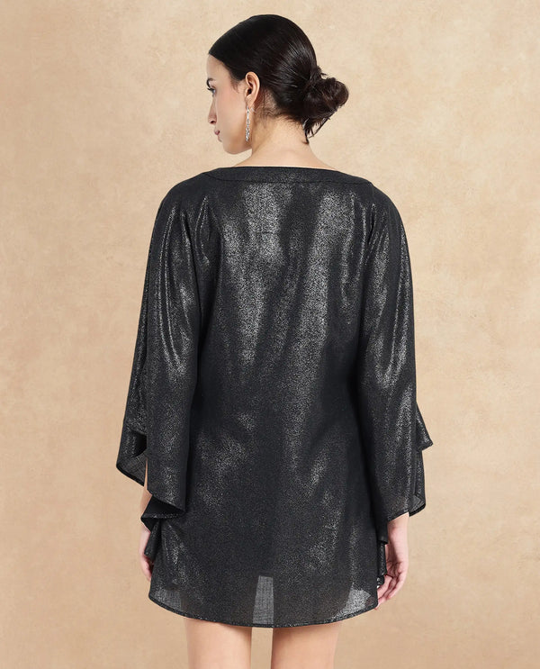 Rareism Women's Esmese Black Polyester Fabric V-Neck  Extended Sleeve Plain Relaxed Fit Mini Dress
