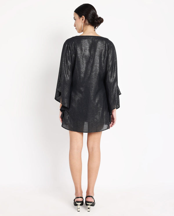 Rareism Women's Esmese Black Polyester Fabric V-Neck  Extended Sleeve Plain Relaxed Fit Mini Dress