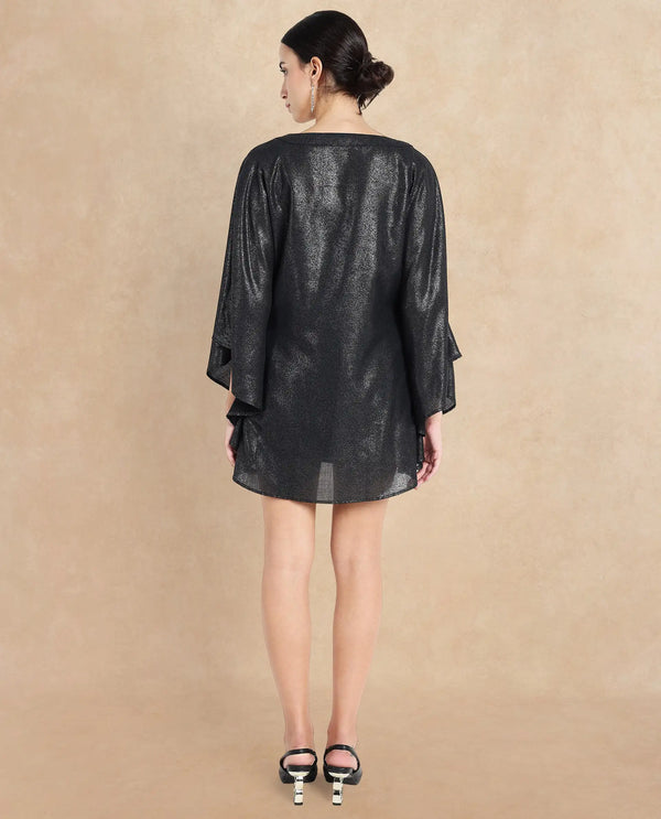 Rareism Women's Esmese Black Polyester Fabric V-Neck  Extended Sleeve Plain Relaxed Fit Mini Dress