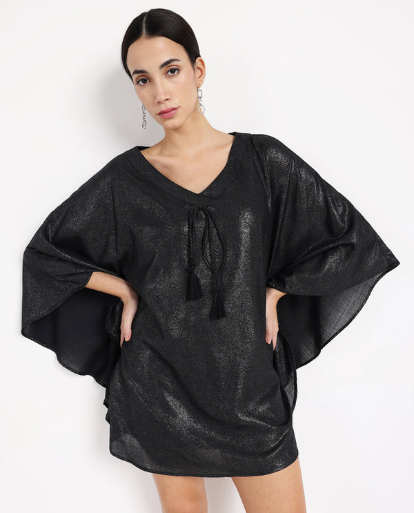 Rareism Women Esmese Black Extended Sleeves V-Neck Relaxed Fit Mini Plain Dress