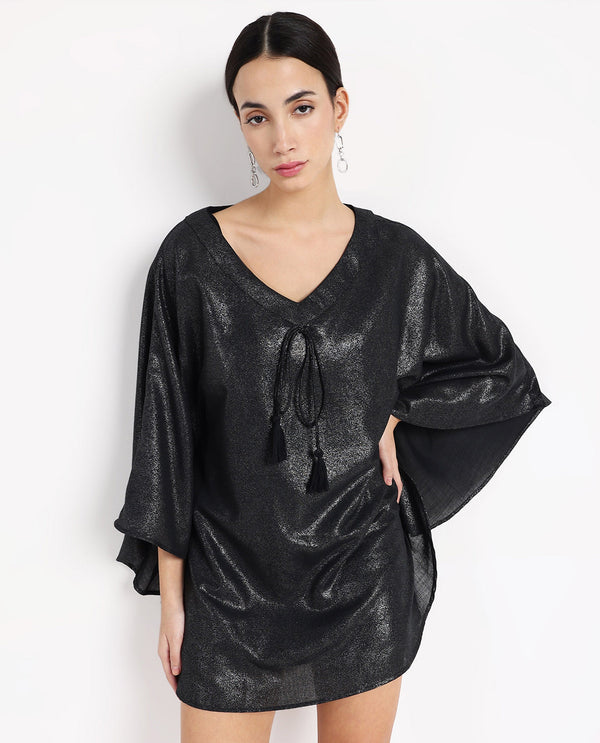 Rareism Women Esmese Black Extended Sleeves V-Neck Relaxed Fit Mini Plain Dress