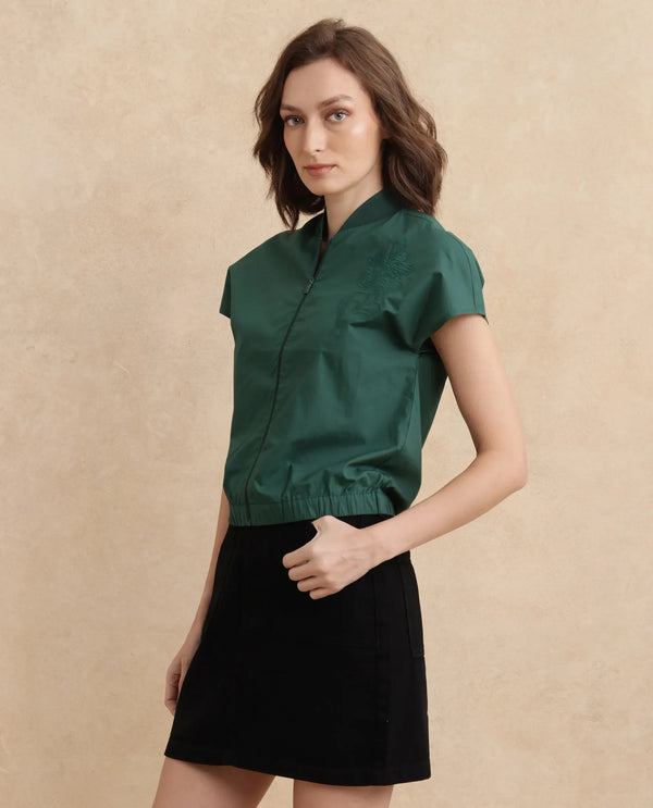 Rareism Women Esmetu Dark Green Extended Sleeve Ribbed Collar Regular Fit Embroidered Top