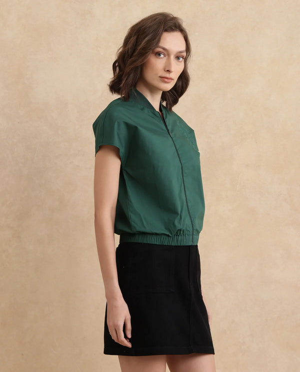 Rareism Women Esmetu Dark Green Extended Sleeve Ribbed Collar Regular Fit Embroidered Top