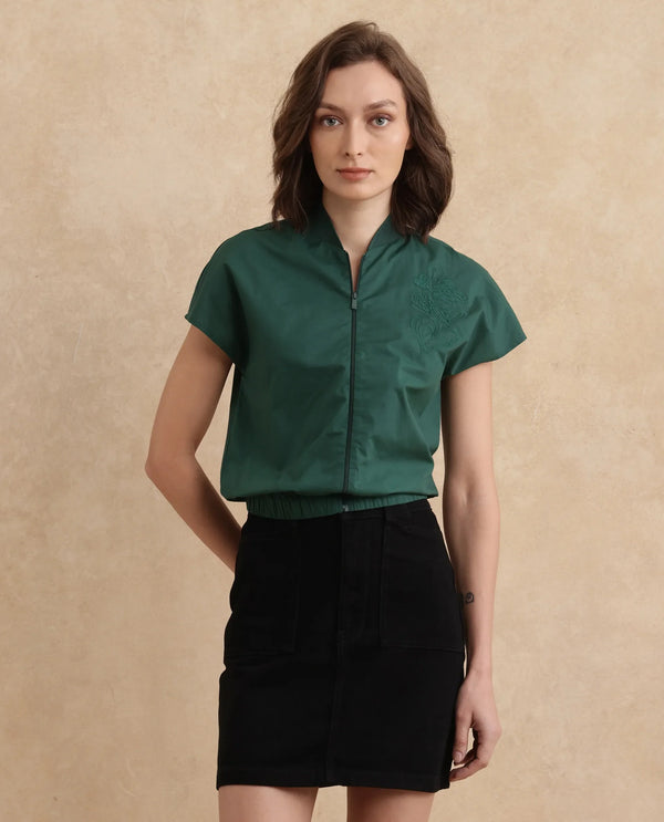 Rareism Women Esmetu Dark Green Extended Sleeve Ribbed Collar Regular Fit Embroidered Top