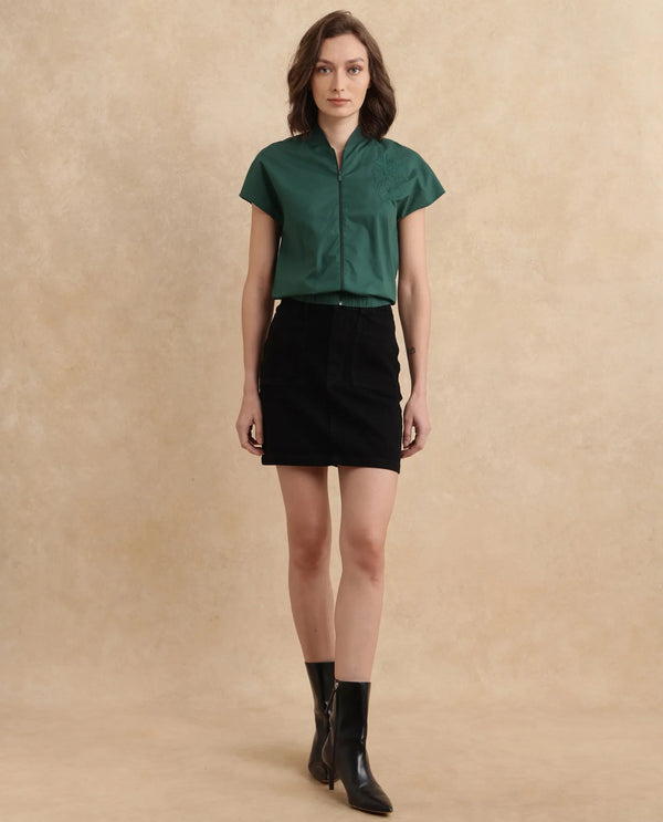 Rareism Women Esmetu Dark Green Extended Sleeve Ribbed Collar Regular Fit Embroidered Top