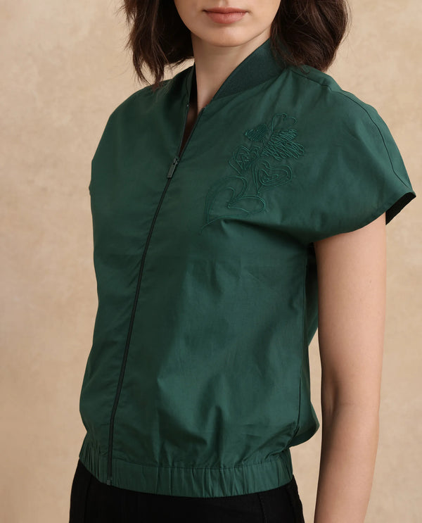 Rareism Women Esmetu Dark Green Extended Sleeve Ribbed Collar Regular Fit Embroidered Top