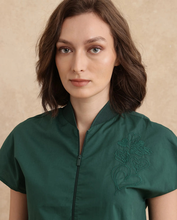 Rareism Women Esmetu Dark Green Extended Sleeve Ribbed Collar Regular Fit Embroidered Top
