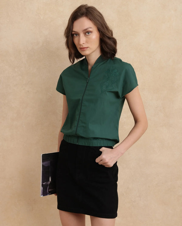 Rareism Women Esmetu Dark Green Extended Sleeve Ribbed Collar Regular Fit Embroidered Top