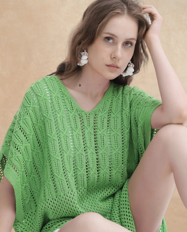 Rareism Women Espantiago Green Cotton Fabric Short Sleeves V-Neck Extended Sleeve Relaxed Fit Plain Knee Length Dress