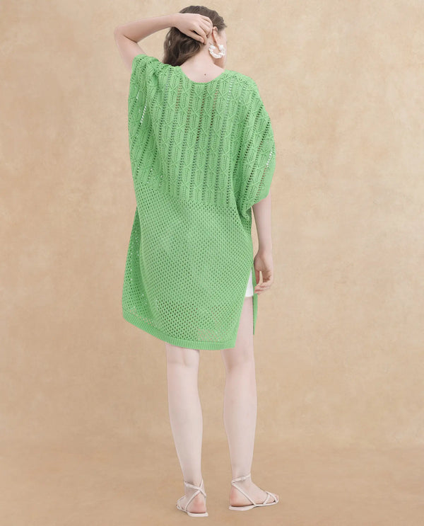 Rareism Women Espantiago Green Cotton Fabric Short Sleeves V-Neck Extended Sleeve Relaxed Fit Plain Knee Length Dress