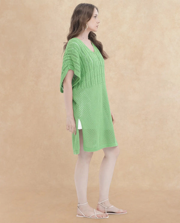 Rareism Women Espantiago Green Cotton Fabric Short Sleeves V-Neck Extended Sleeve Relaxed Fit Plain Knee Length Dress