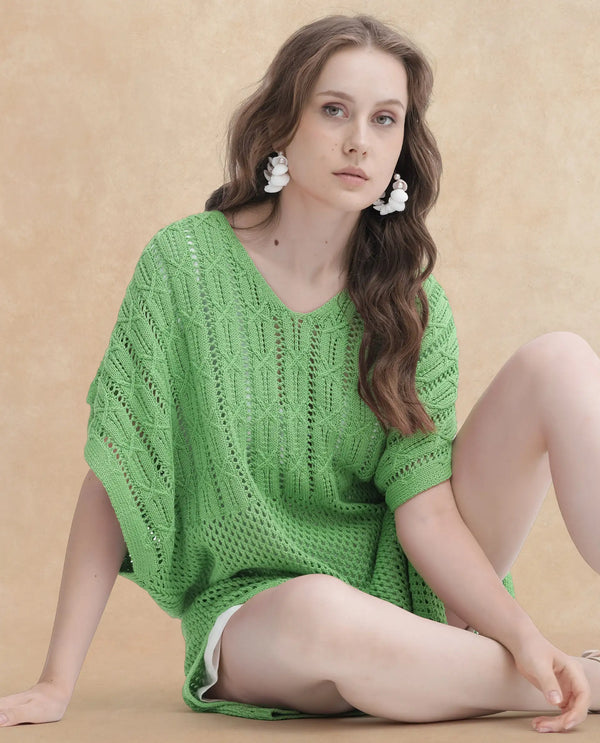 Rareism Women Espantiago Green Cotton Fabric Short Sleeves V-Neck Extended Sleeve Relaxed Fit Plain Knee Length Dress