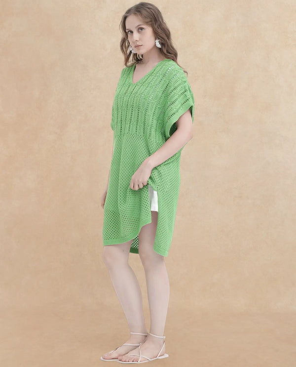 Rareism Women Espantiago Green Cotton Fabric Short Sleeves V-Neck Extended Sleeve Relaxed Fit Plain Knee Length Dress
