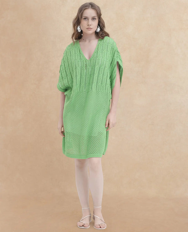 Rareism Women Espantiago Green Cotton Fabric Short Sleeves V-Neck Extended Sleeve Relaxed Fit Plain Knee Length Dress