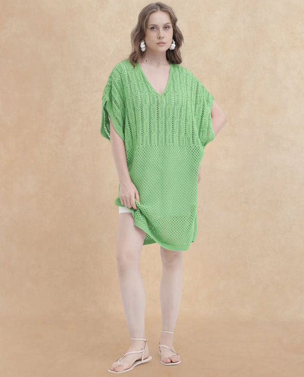 Rareism Women Espantiago Green Cotton Fabric Short Sleeves V-Neck Extended Sleeve Relaxed Fit Plain Knee Length Dress