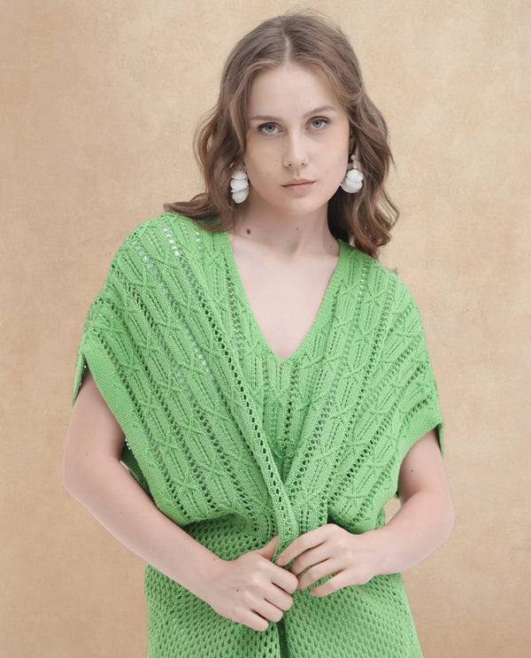 Rareism Women Espantiago Green Cotton Fabric Short Sleeves V-Neck Extended Sleeve Relaxed Fit Plain Knee Length Dress