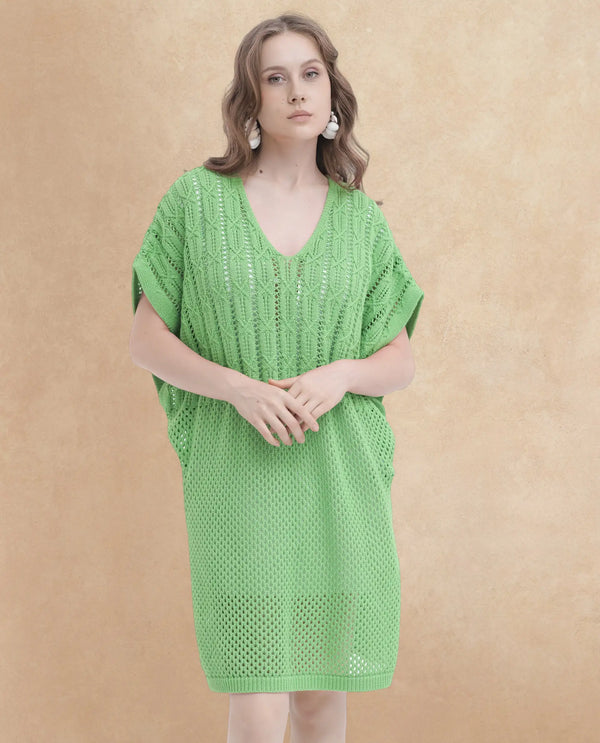 Rareism Women Espantiago Green Cotton Fabric Short Sleeves V-Neck Extended Sleeve Relaxed Fit Plain Knee Length Dress