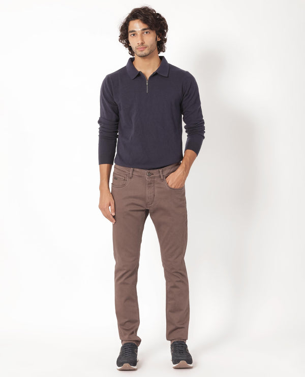 Rare Rabbit Men's Essen Dark Brown Sulphur Dyed Mid-Rise Slim Fit Jeans