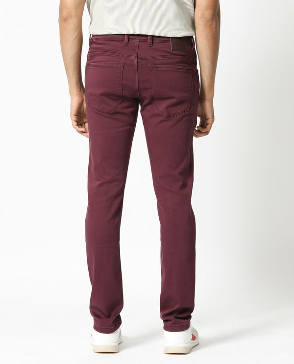 Rare Rabbit Men's Essen Dark Maroon Garment Dyed Mid-Rise  Slim Fit Jeans
