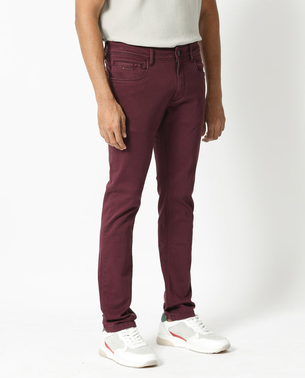Rare Rabbit Men's Essen Dark Maroon Garment Dyed Mid-Rise  Slim Fit Jeans