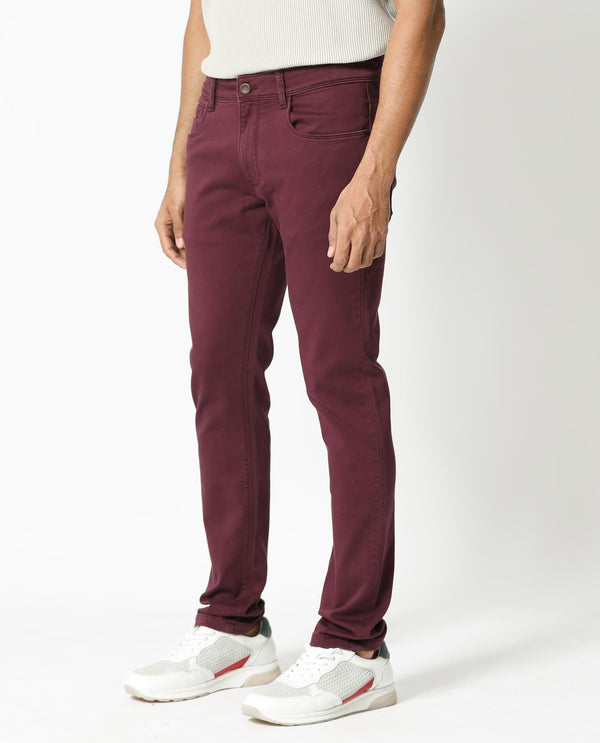 Rare Rabbit Men's Essen Dark Maroon Garment Dyed Mid-Rise  Slim Fit Jeans