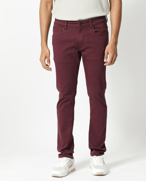 Rare Rabbit Men's Essen Dark Maroon Garment Dyed Mid-Rise  Slim Fit Jeans