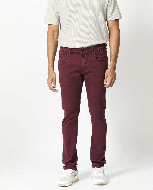 Rare Rabbit Men's Essen Dark Maroon Garment Dyed Mid-Rise  Slim Fit Jeans