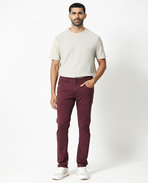 Rare Rabbit Men's Essen Dark Maroon Garment Dyed Mid-Rise  Slim Fit Jeans
