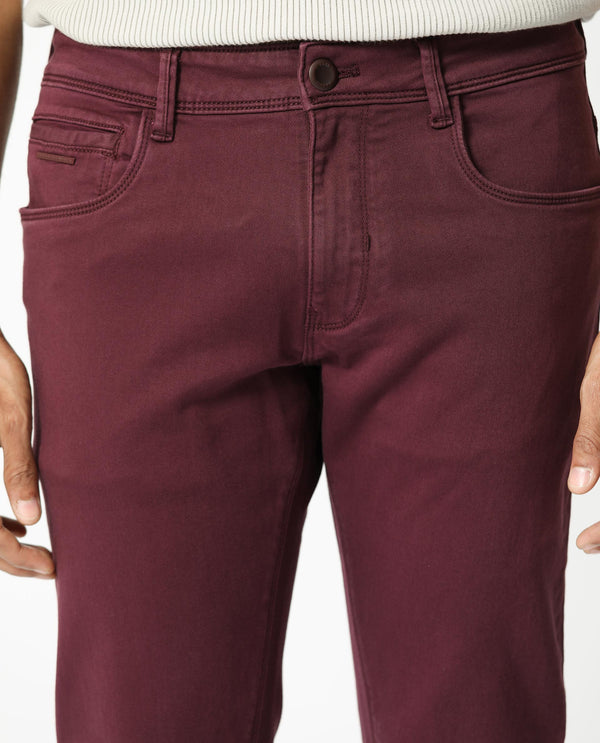 Rare Rabbit Men's Essen Dark Maroon Garment Dyed Mid-Rise  Slim Fit Jeans