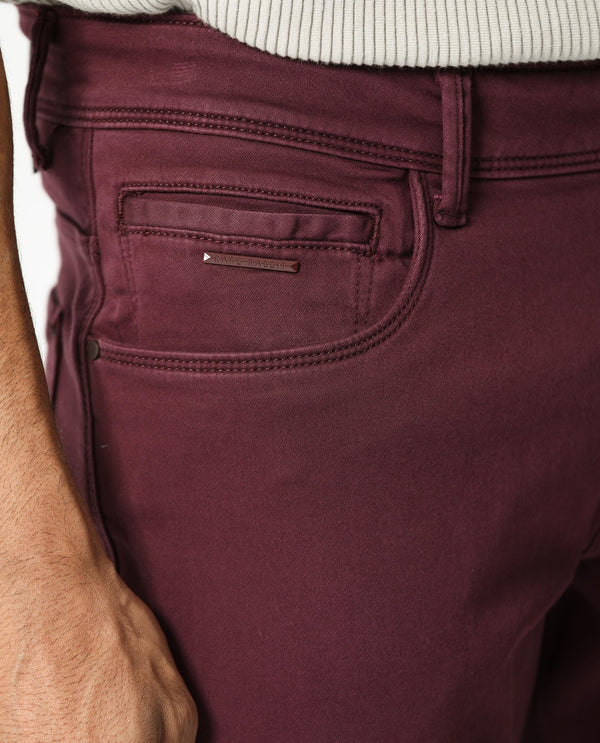 Rare Rabbit Men's Essen Dark Maroon Garment Dyed Mid-Rise  Slim Fit Jeans