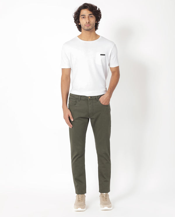 Rare Rabbit Men's Essen Dark Olive Dark Wash Mid-Rise Slim Fit Jeans