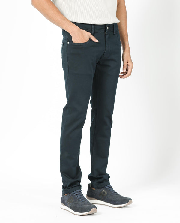 Rare Rabbit Men's Essen Dusky Teal Dark Wash Mid-Rise Slim Fit Jeans