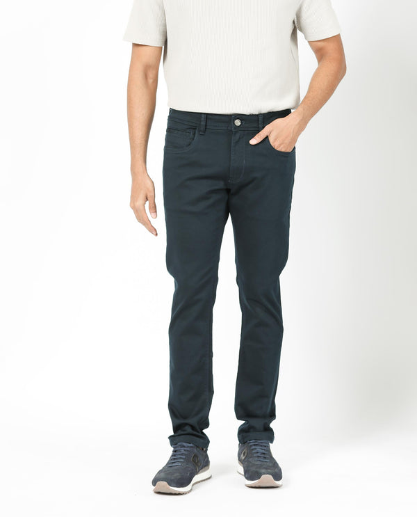 Rare Rabbit Men's Essen Dusky Teal Dark Wash Mid-Rise Slim Fit Jeans