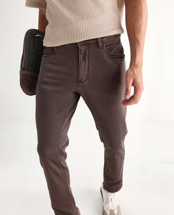 Rare Rabbit Men's Essen Dark Brown Sulphur Dyed Mid-Rise Slim Fit Jeans