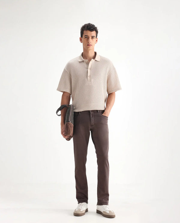 Rare Rabbit Men's Essen Dark Brown Sulphur Dyed Mid-Rise Slim Fit Jeans