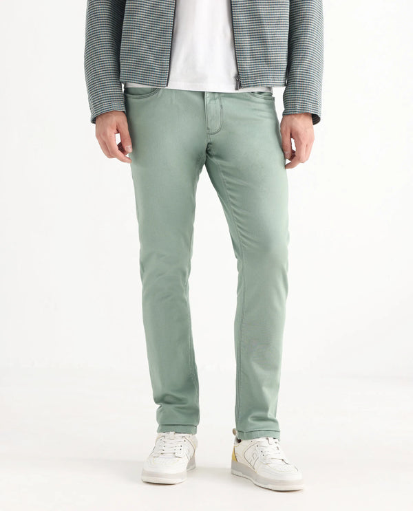Rare Rabbit Men's Essen Light Green Garment Dyed Mid-Rise Slim Fit Jeans