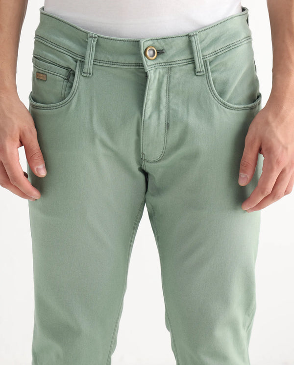 Rare Rabbit Men's Essen Light Green Garment Dyed Mid-Rise Slim Fit Jeans