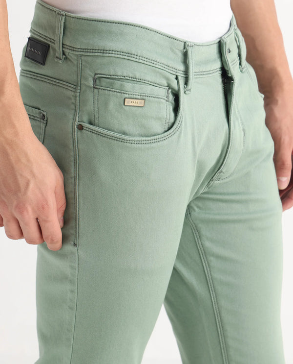 Rare Rabbit Men's Essen Light Green Garment Dyed Mid-Rise Slim Fit Jeans
