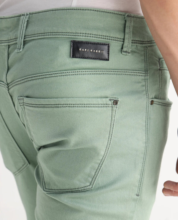 Rare Rabbit Men's Essen Light Green Garment Dyed Mid-Rise Slim Fit Jeans