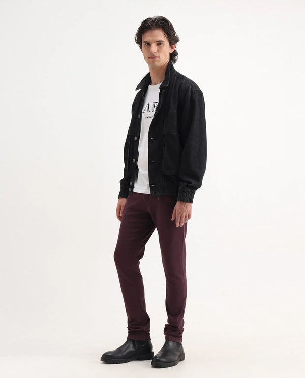 Rare Rabbit Men's Essen Dark Maroon Garment Dyed Mid-Rise  Slim Fit Jeans