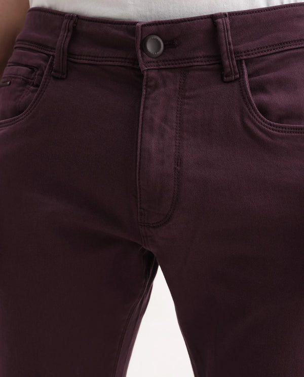Rare Rabbit Men's Essen Dark Maroon Garment Dyed Mid-Rise  Slim Fit Jeans